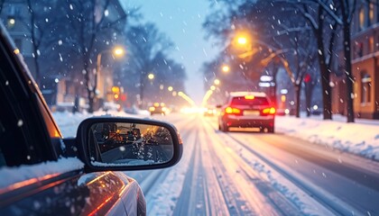 Fototapeta premium Snowy city street at night, viewed from a car's side mirror
