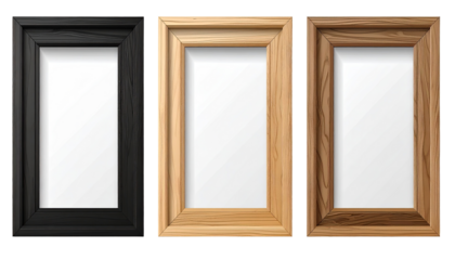 Three empty picture frames, black, light brown, and medium brown wooden frames