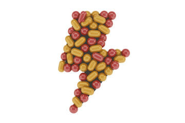 Red and gold capsules forming a lightning bolt shape against a transparent background. background removed