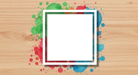 Square Frame Template with Colorful Watercolor Splashes on Wooden Background for Modern Artistic Design and Poster Layout