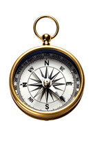Antique brass compass with a cream face, black lettering and a gold loop.  The compass needle points East