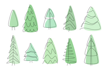 A set of simple Christmas trees on a white background. Line Art. Vector.
