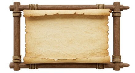 Ancient Parchment Scroll with Wooden Frame and Rope Ties, Vintage Old Paper Texture Template Isolated on White Background