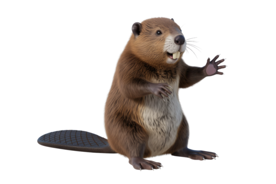 A friendly, cartoonish 3D model of a beaver waving hello. background removed
