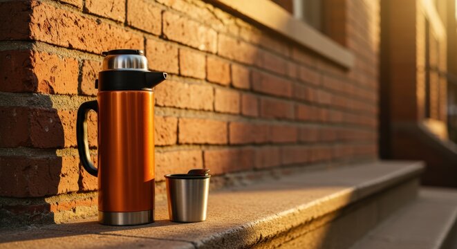 Insulated flask with cup on brick ledge at golden hour - Powered by Adobe