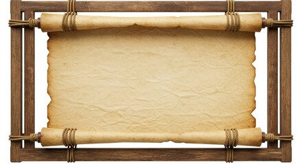 Ancient Parchment Scroll with Wooden Frame and Rope Ties, Vintage Old Paper Texture Template Isolated on White Background