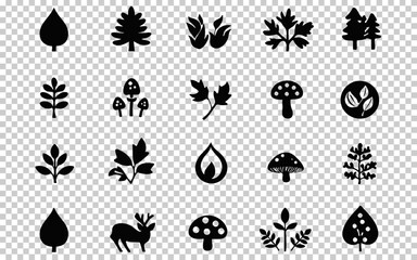 Various black silhouettes of leaves, plants, and mushrooms arranged in a grid pattern on a transparent background