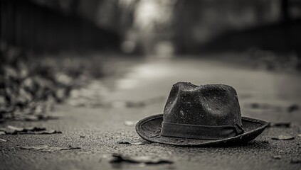 A weathered hat rests on a gray road