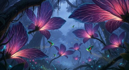 Glowing purple flowers illuminate a mystical forest at night