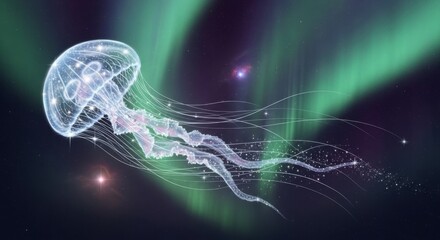 Glowing jellyfish floats gracefully before the aurora borealis