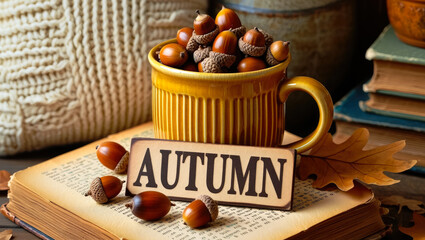 Cozy autumn still life with a cup full of acorns and sign with text Autumn on stack of books. Knitted jacket, old book, foliage, acorns. Atmosphere of comfort, home, relaxation, hygge. Fall aesthetic