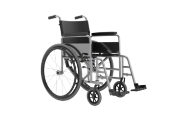A 3D render of a standard wheelchair, isolated on a transparent background.  Provides mobility for individuals with disabilities. background removed