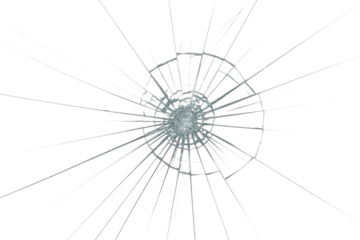 A transparent PNG image showcasing a radial crack pattern on a glass surface, emanating from a central point. background removed