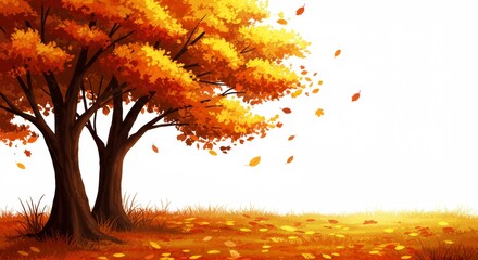Autumn Tree Illustration with Falling Leaves Blowing in the Wind on White Background, Seasonal Nature Concept Design