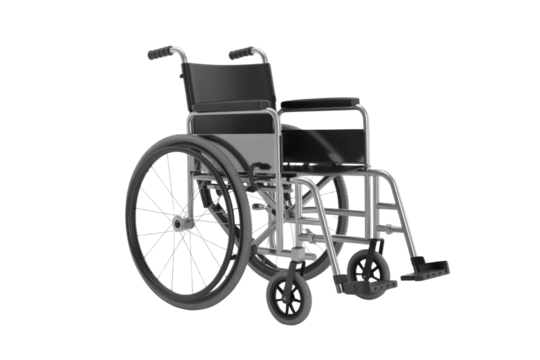 A 3D render of a standard wheelchair, isolated on a transparent background.  Provides mobility for individuals with disabilities. background removed - Powered by Adobe