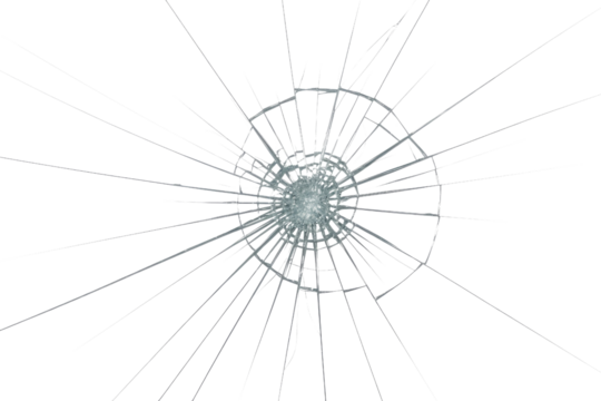 A transparent PNG image showcasing a radial crack pattern on a glass surface, emanating from a central point. background removed