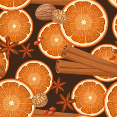 Seamless pattern with oranges and spices. Vector.
