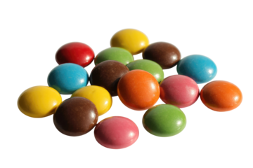 A colorful pile of round chocolate candies, various colors, shiny surface. background removed