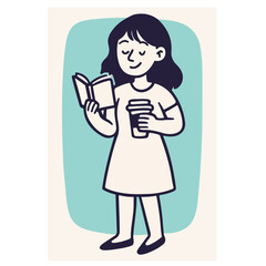 Girl Reading Book with Coffee — Student Study / Library Scene, Clean Minimal Flat Vector Illustration