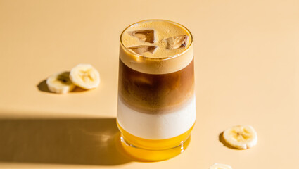 Trendy banana bread coffee in glass, iced latte, layered drink, viral banana flavored beverage, creative coffee recipe, tropical drink, fruit infused latte, specialty coffee, banana dessert drink