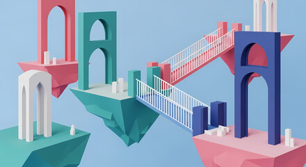 Abstract Pastel Bridges 3D Rendering Modern Conceptual Geometric Art for Presentations and Design