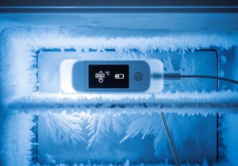 A digital thermometer displays a freezing temperature inside a heavily frosted freezer, indicating extreme cold for vaccine storage.