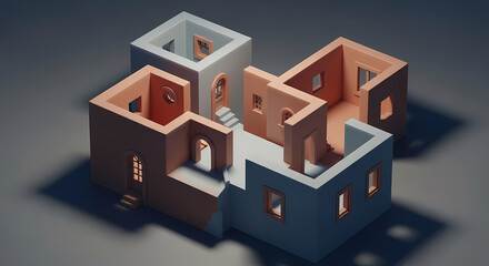 Isometric Architectural Model of Abstract Building Conceptual Design and Creative Visualization