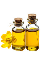 Two small glass bottles with cork stoppers, filled with golden yellow oil, alongside a single yellow flower