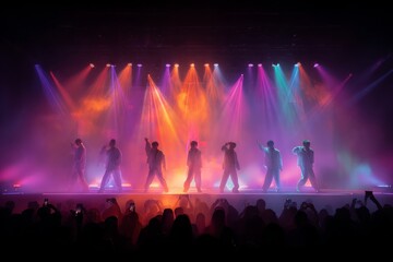 Boy band members singing and dancing on stage under vibrant spotlights in front of a cheering audience