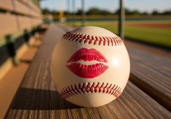 Baseball kissed with red lips resting on a wooden bench on a baseball field illuminated by warm sunlight