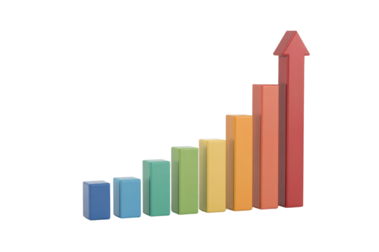3D rendered bar graph showcases upward trend, signifying growth and progress. background removed