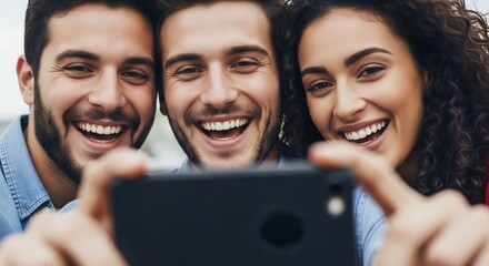 Smiling friends taking selfie outdoors in casual clothing and joy