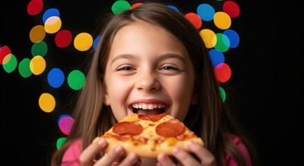 Happy Girl Holding Slice of Pizza with Colorful Lights Background