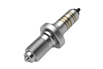 3D render of a silver spark plug with gold bands on a transparent background. background removed