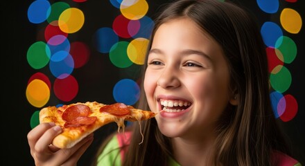 Joyful Girl Enjoying Pizza Slice Against Colorful Blurred Background