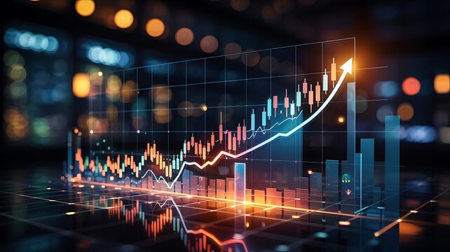 Futuristic 3d digital financial stock market graph with upward trend arrow and bokeh lights symbolizing growth and success - Powered by Adobe