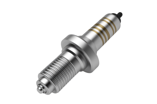 3D render of a silver spark plug with gold bands on a transparent background. background removed