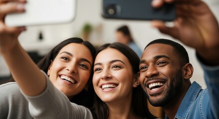Joyful Friends Taking Selfie Together in Bright Indoor Setting