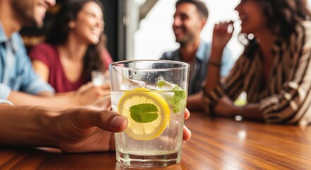 Refreshing Cocktail with Lemon and Mint at a Social Gathering