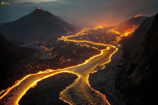 A fiery river of molten lava snakes through a volcanic valley at twilight, flanked by dark, imposing mountains under a brooding sky
