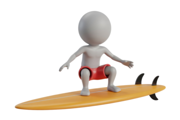 A 3D rendered image of a  grey figure surfing on an orange surfboard. background removed