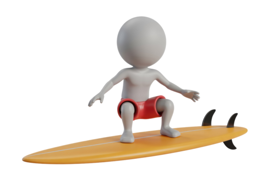 A 3D rendered image of a  grey figure surfing on an orange surfboard. background removed