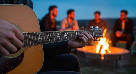 Group of Friends Enjoying Music Around a Campfire at Dusk