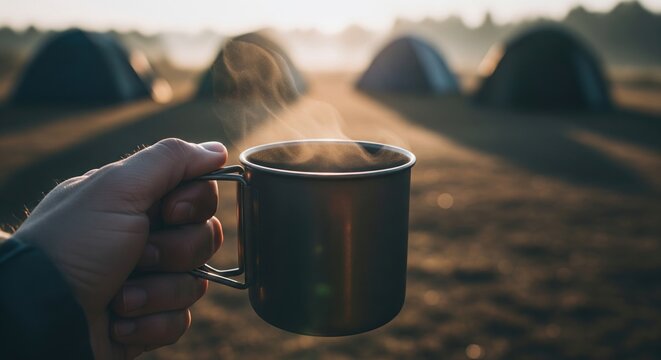Warm Beverage in Hand with Campgrounds and Morning Mist Backdrop