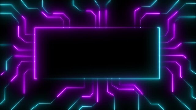 Animated Glowing neon circuit animation on black background. icon isolated CPU, central processing unit, microchip, microcircuit, computer processor.