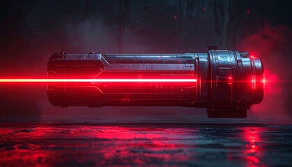 Futuristic red laser weapon emitting beam