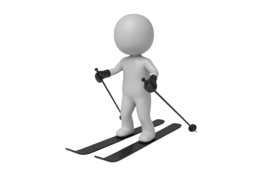 A 3D rendered image of a simplistic figure skiing down a slope. background removed