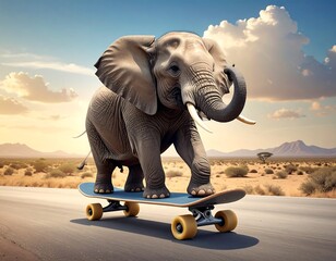 Obraz premium Elephant skateboarding in desert landscape