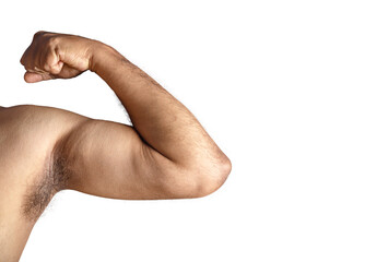 Close-Up of Flexed Bicep Connoting Strength and Fitness on a White Background