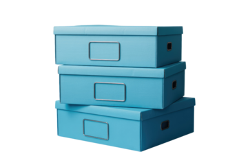 Stack of three light blue storage boxes with metal handles and label slots, isolated on transparent background. background removed